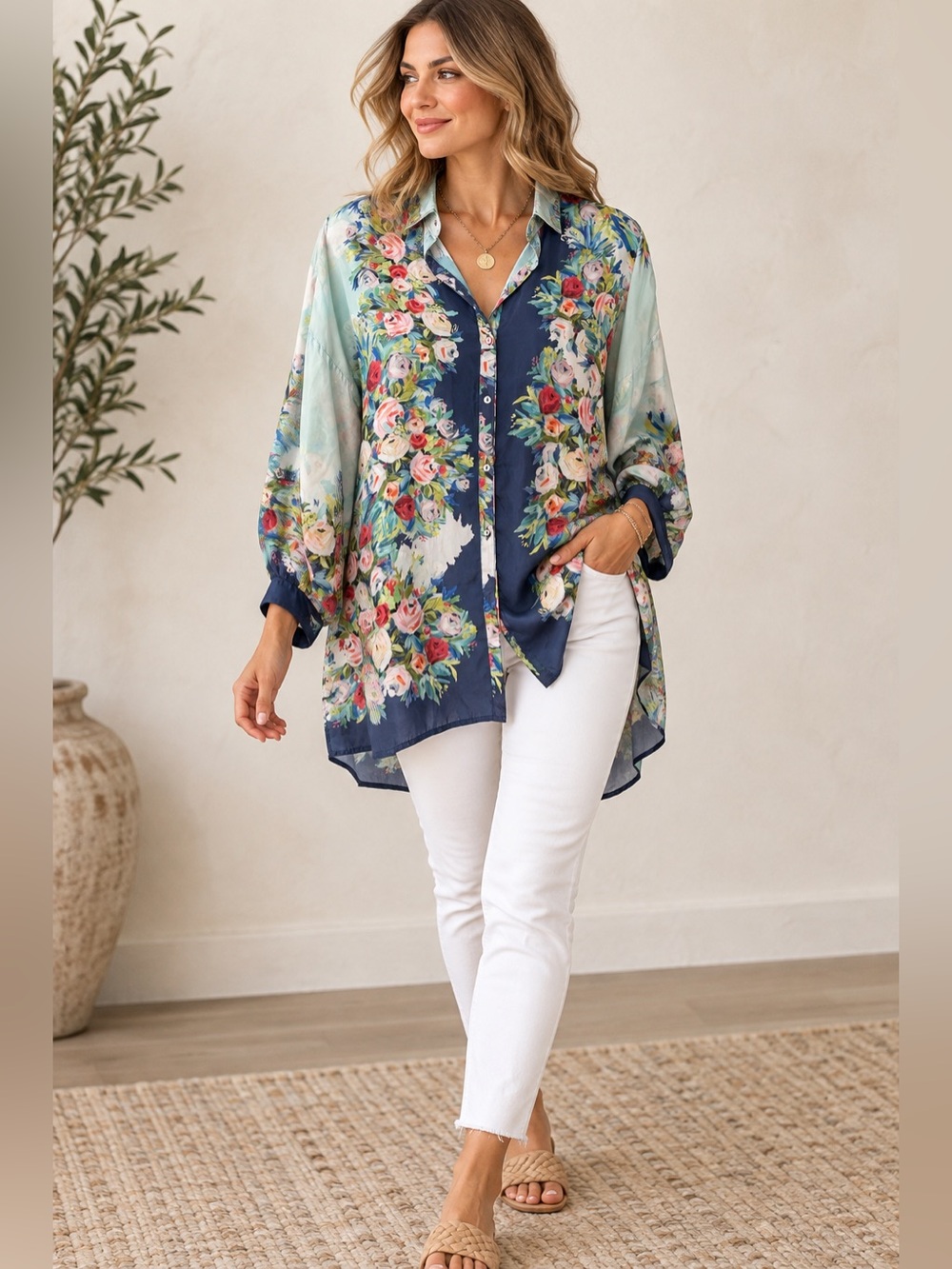 Johnny Was 100% Silk Floral Button Front Tunic Blouse Kimono Top M